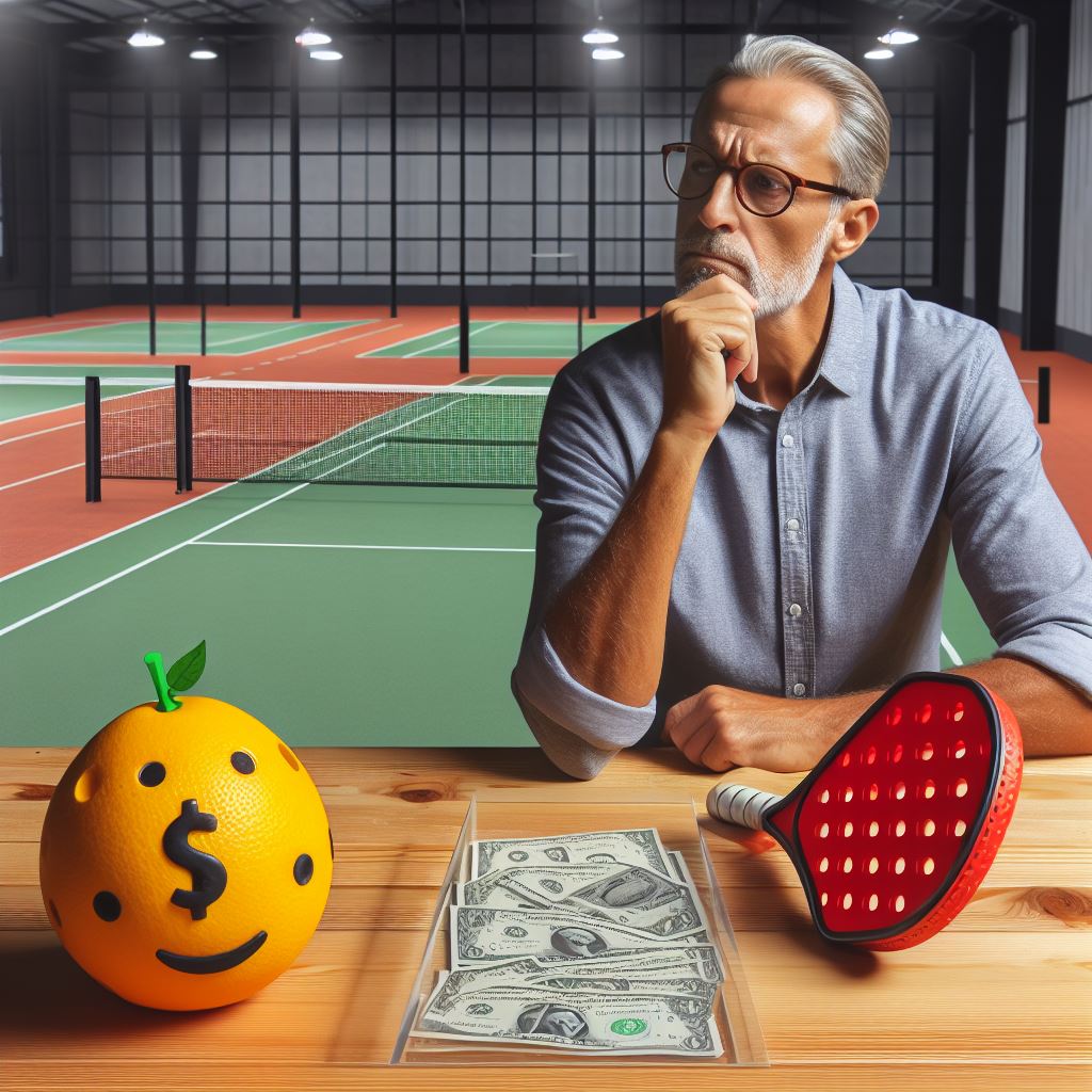 A Pickleball Player Contemplating Session Costs While Looking At An Indoor And Outdoor Pickleball Court