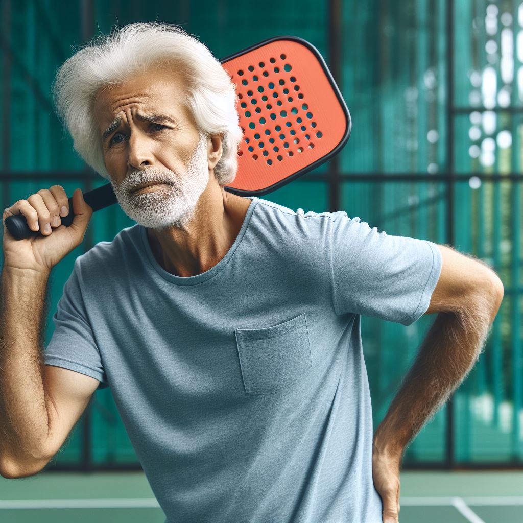 An Active Senior Playing Pickleball With A Conventional Paddle Showcasing Signs Of Discomfort Or Fatigue