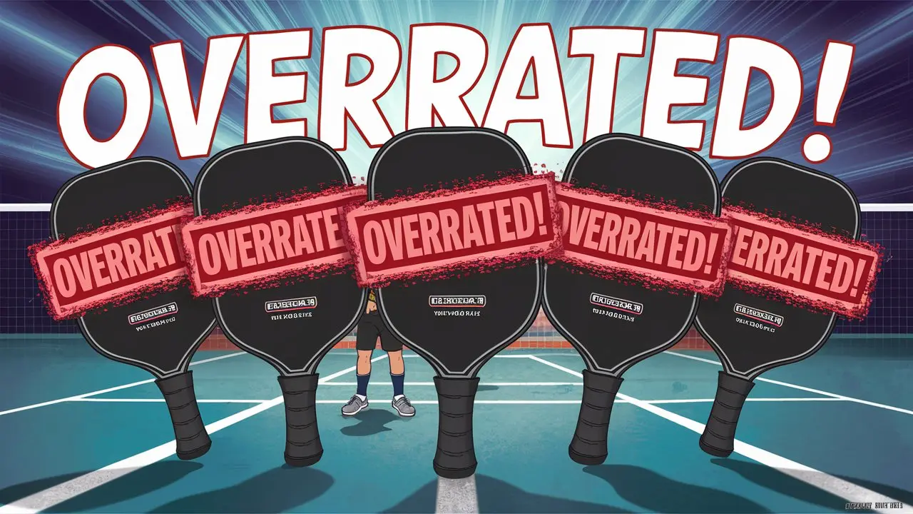 An image of five pickleball paddles displayed on a wooden shelf, each with a spotlight highlighting them. Above the paddles, a bold headline reads, "The 5 Most Overrated Pickleball Paddles for Beginners." Each paddle has a humorous tag, like "The Hype Machine" or "The Fad Paddle," emphasizing the overrated nature. The background is a stylish and modern sports store, adding to the visual appeal.