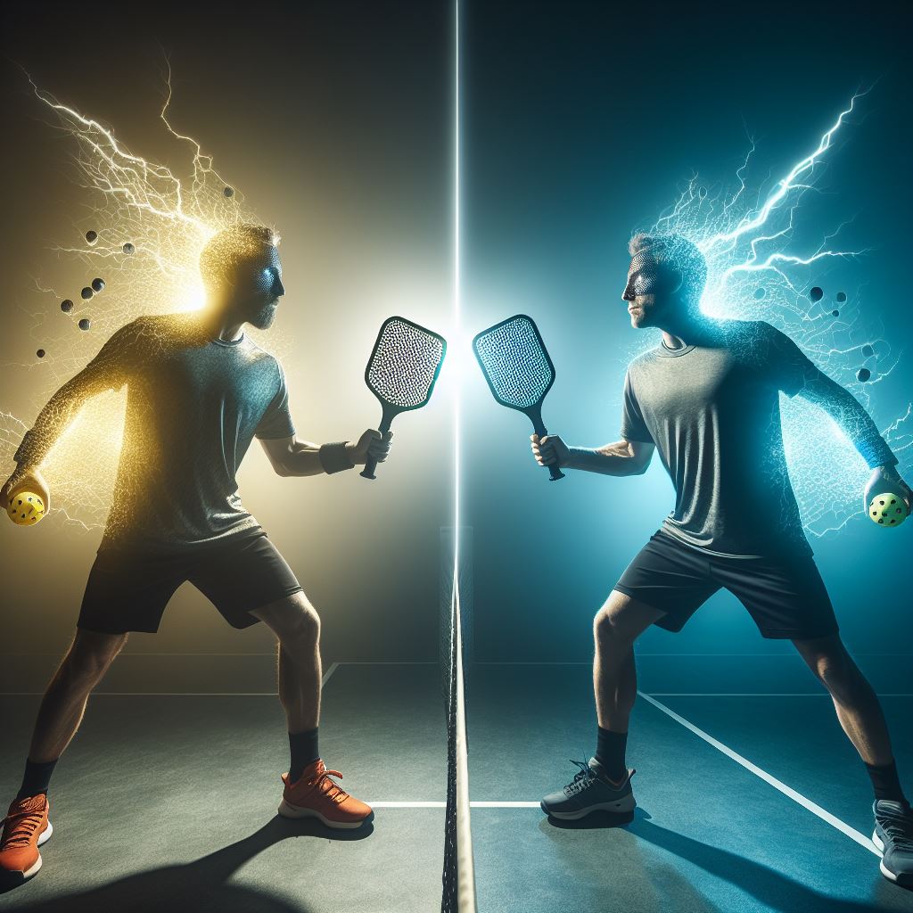Two Pickleball Players Facing Each Other One Holding A Graphite Paddle Emitting Light The Other Holding An Aluminum Paddle